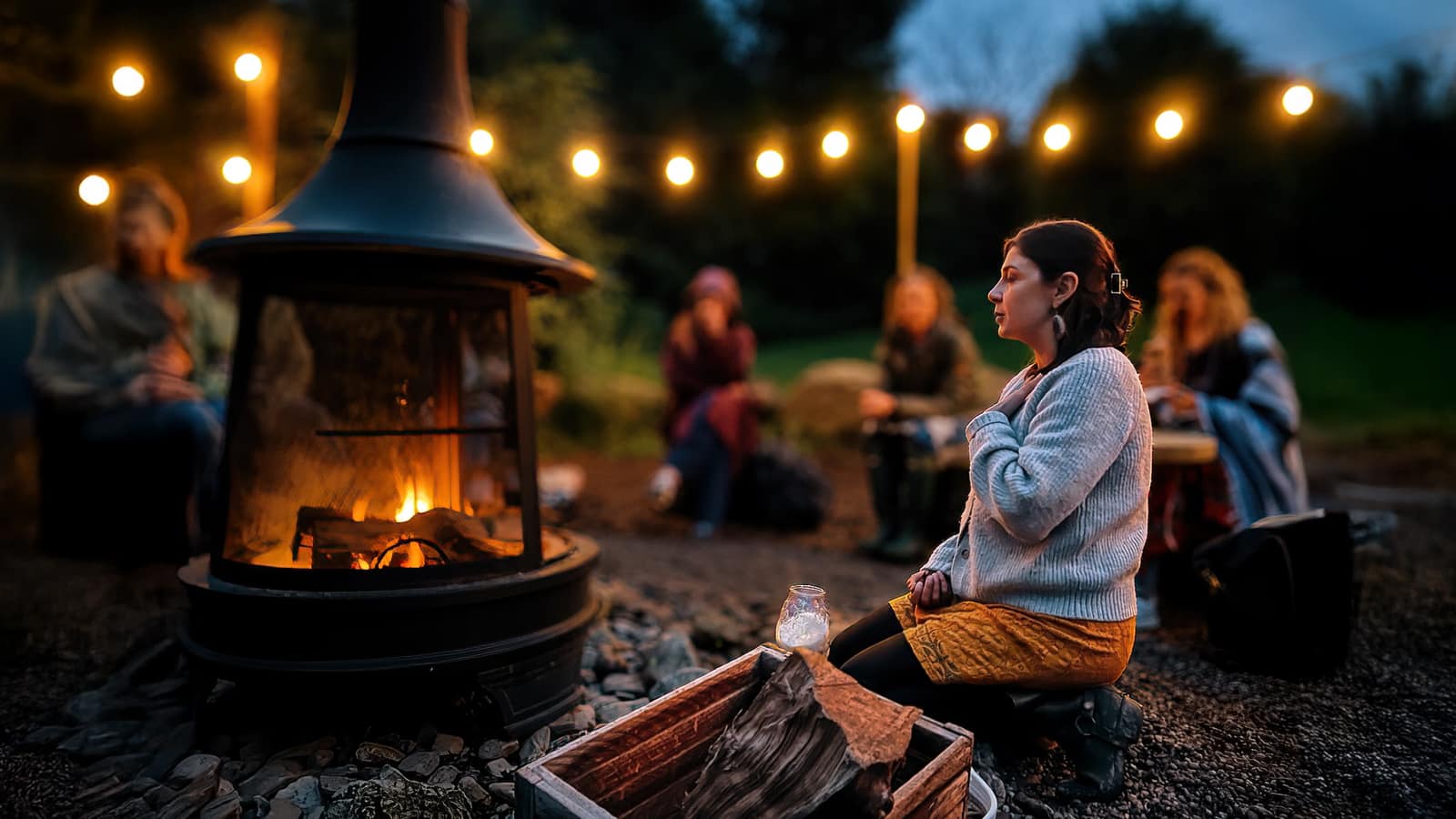 Sydney in conversation with a group gathered around an outdoor fire at dusk.